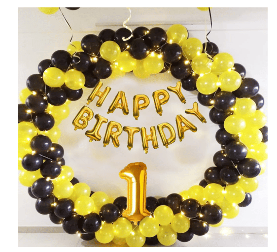     			Blooms Mall 1 Set Happy Birthday Foil (Golden) ,  20  pcs Yellow Metallic Balloon  20 pc  BlackMetallic Balloon,1 No. Foil Number Golden