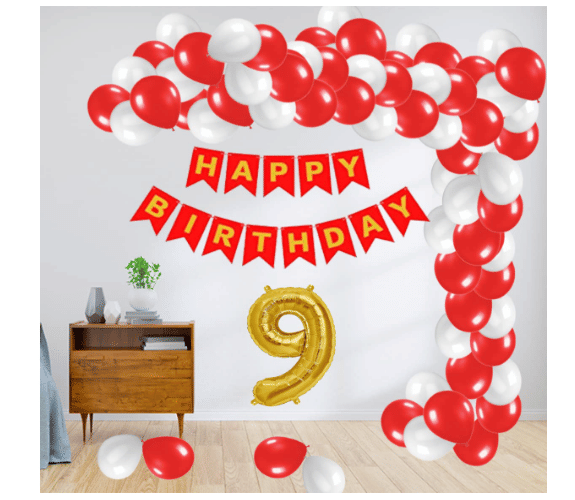     			Blooms Mall 1 Set Happy Birthday Banner (Red ),  20  pcs white  Metallic Balloon  20 pc  Red  Metallic Balloon,9 No. Foil Number Golden