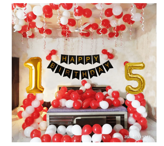     			Blooms Mall 1 Set Happy Birthday Banner (Black),  20  pcs white  Metallic Balloon  20 pc  Red  Metallic Balloon,16 No. Foil Number Golden