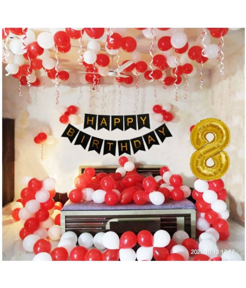     			Blooms Mall 1 Set Happy Birthday Banner (Black),  20  pcs white  Metallic Balloon  20 pc  Red  Metallic Balloon,7 No. Foil Number Golden