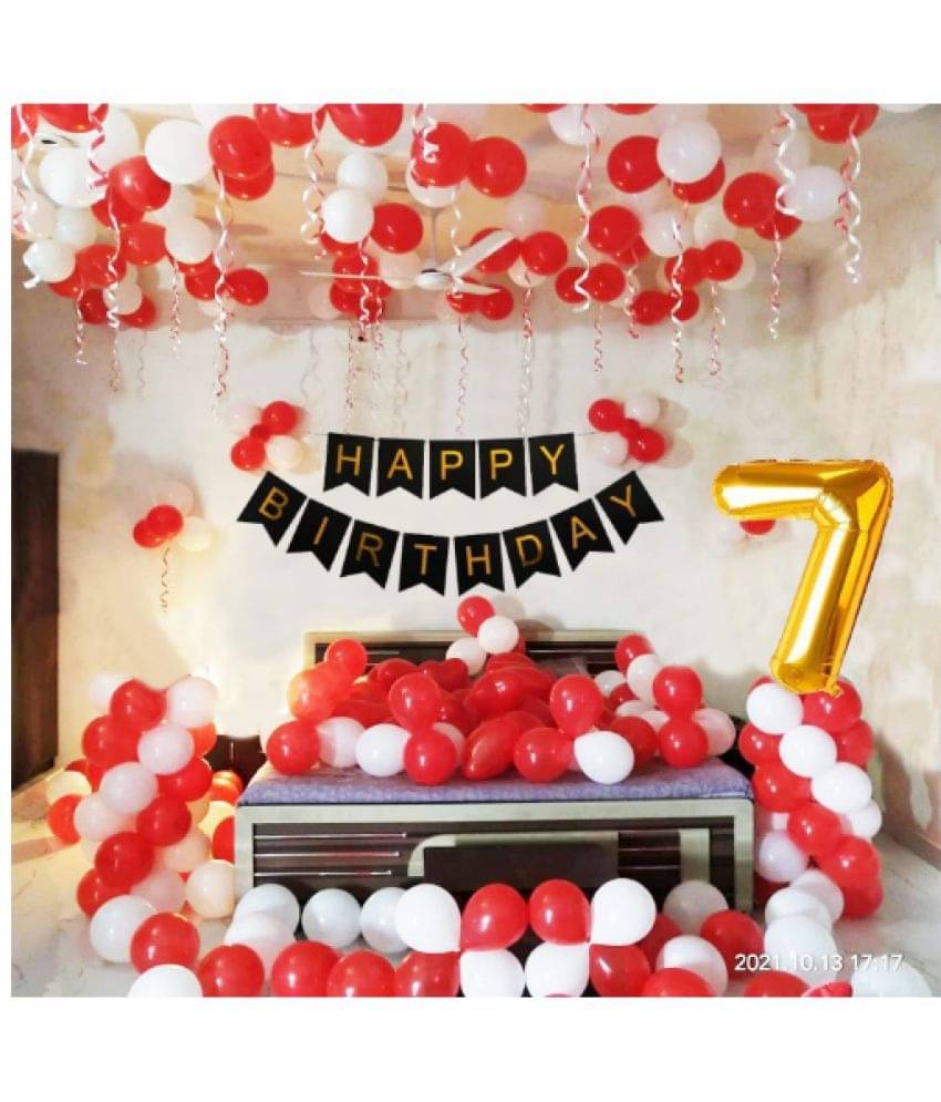 Blooms Mall 1 Set Happy Birthday Banner (Black), 20 pcs white Metallic Balloon 20 pc Red Metallic Balloon,7 No. Foil Number Golden Blooms Mall 1 Set Happy Birthday Banner (Black), 20 pcs white Metallic Balloon 20 pc Red Metallic Balloon,7 No. Foil Number Golden