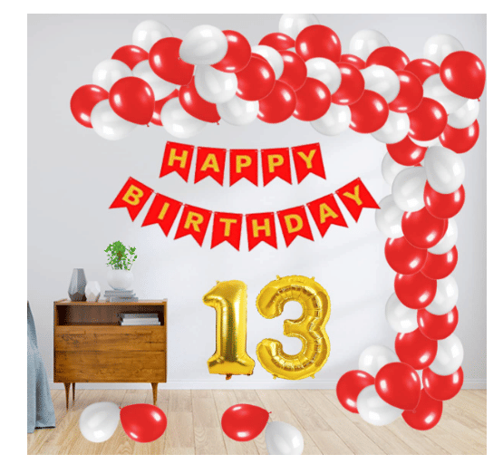     			Blooms Mall 1 Set Happy Birthday Banner (Red ),  20  pcs white  Metallic Balloon  20 pc  Red  Metallic Balloon,15 No. Foil Number Golden