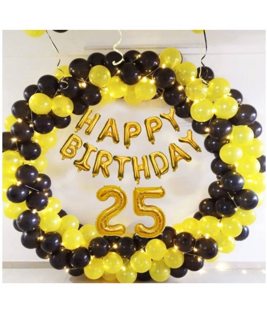     			Blooms Mall 1 Set Happy Birthday Foil (Golden) ,  20  pcs Yellow Metallic Balloon  20 pc  BlackMetallic Balloon,25 No. Foil Number Golden