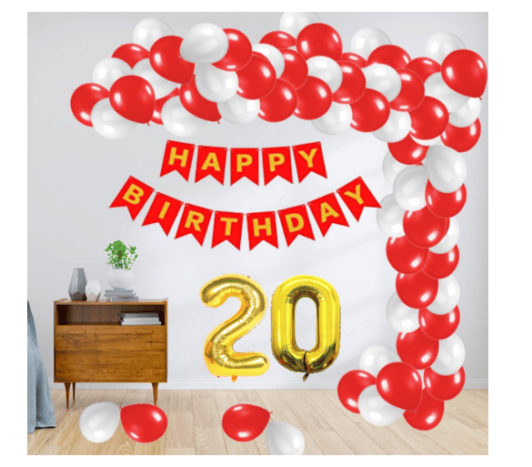     			Blooms Mall 1 Set Happy Birthday Banner (Red ),  20  pcs white  Metallic Balloon  20 pc  Red  Metallic Balloon,20 No. Foil Number Golden