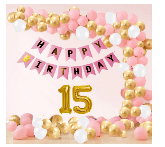     			Blooms Mall 1 Set Happy Birthday Banner  ( Pink ),  20  pcs white  Metallic Balloon  20 pc  Golden   Metallic Balloon 20 pc  Pink    Metallic Balloon , 14No. Foil Number Golden