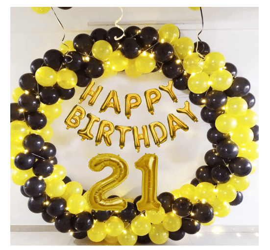     			Blooms Mall 1 Set Happy Birthday Foil (Golden) ,  20  pcs Yellow Metallic Balloon  20 pc  BlackMetallic Balloon,21 No. Foil Number Golden