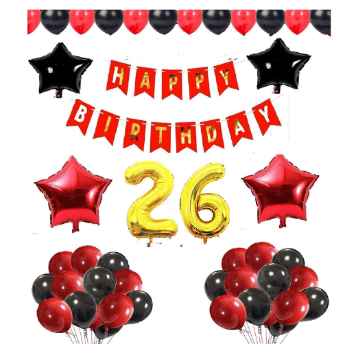     			Blooms Mall 1 set Happy Birthday Banner (Red Color), 2 pcs red foil star + 2 pcs Black  star foil, 50 Pcs Metallic Balloons (Red & BlacK ),25 No. Foil Number Golden