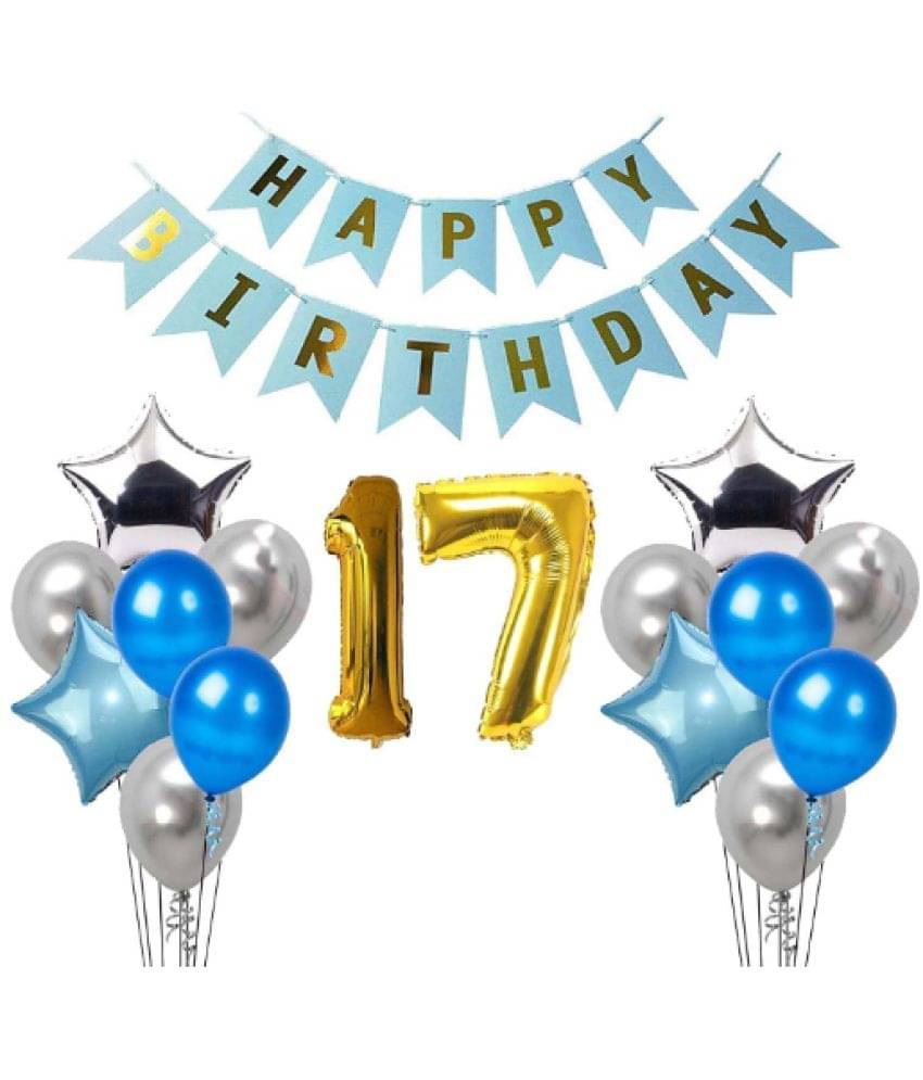     			Blooms Mall 1 set Happy Birthday Banner  ( Blue  Color),, 2 pcs Blue   foil star + 2 pcs silver   star foil, 50 Pcs Metallic Balloons (Blue & Silver )), 19 No. Foil Number Golden