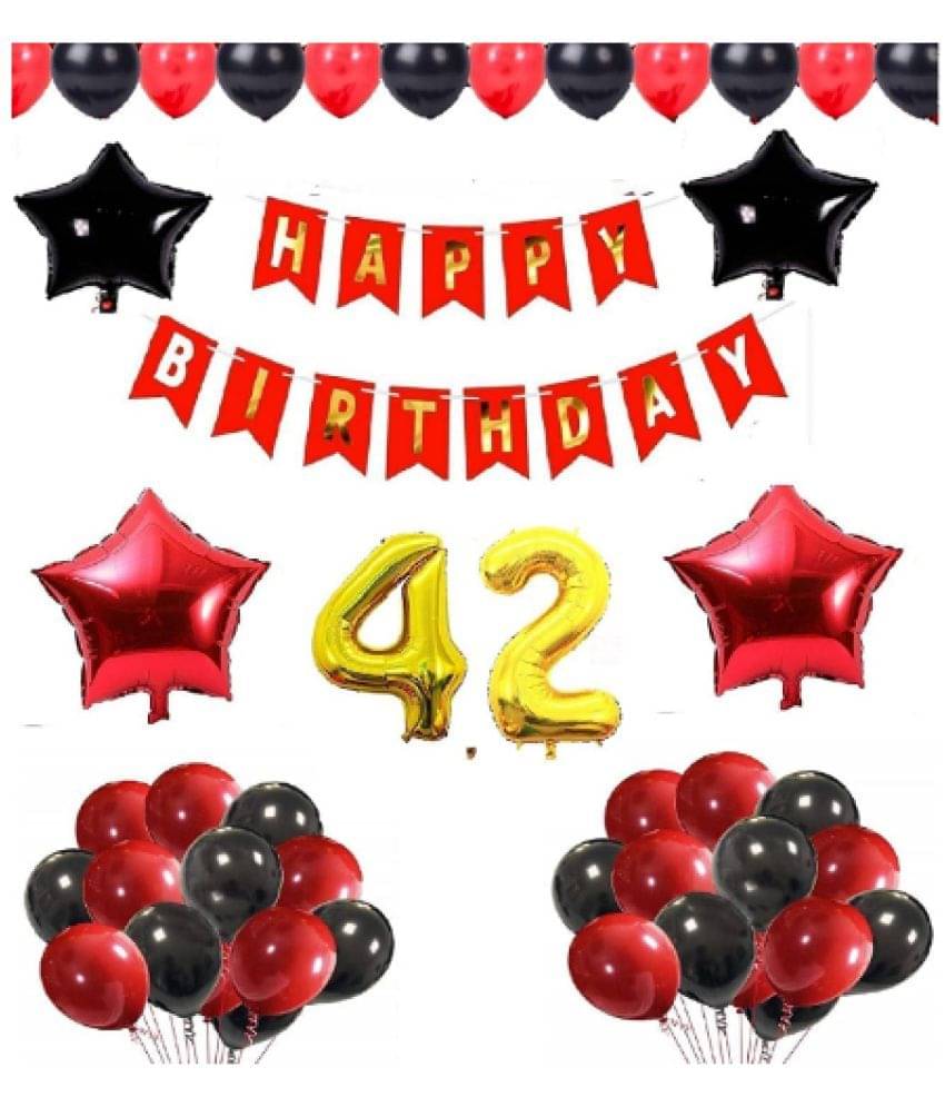     			Blooms Mall 1 set Happy Birthday Banner (Red Color), 2 pcs red foil star + 2 pcs Black  star foil, 50 Pcs Metallic Balloons (Red & BlacK ),42 No. Foil Number Golden