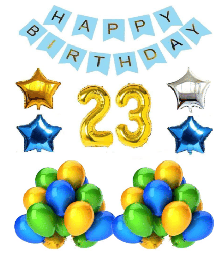     			Blooms Mall 1 set Happy Birthday Banner  ( Blue  Color),, 2 pcs Blue   foil star + 1 pcs Golden Foil star +1 pcs silver foil Balloon,30 Pcs Metallic Balloons (Blue & Golden + Green  )),22 No. Foil Number Golden