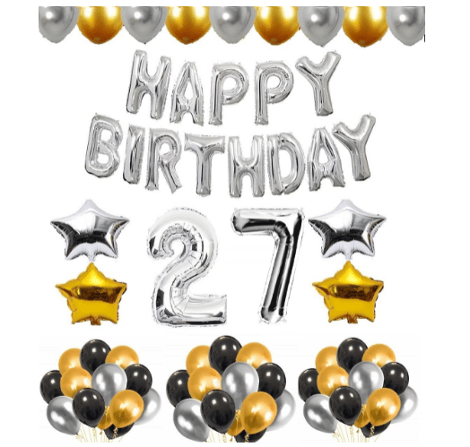     			Blooms Mall 1 set Happy Birthday foil  (Silver ) ), 2 pcs Golden   foil star + 2 pcs silver star foil,  30Pcs Metallic Balloons (Silver , Black ,  Golden),25 No. Foil Number Golden