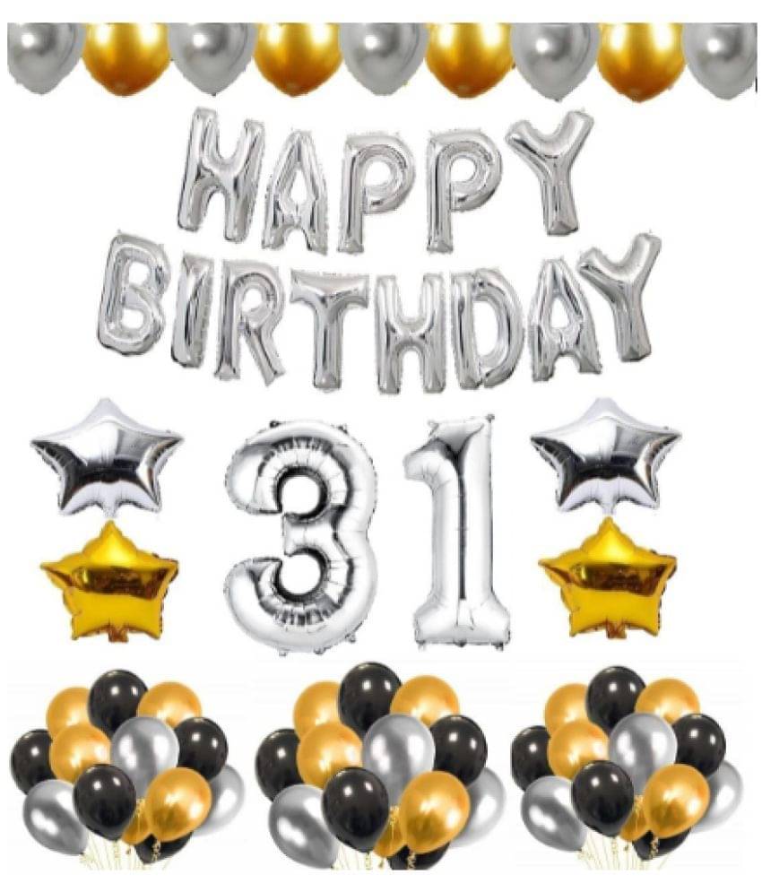     			Blooms Mall 1 set Happy Birthday foil  (Silver ) ), 2 pcs Golden   foil star + 2 pcs silver star foil,  30Pcs Metallic Balloons (Silver , Black ,  Golden),3 2   No. Foil Number Golden