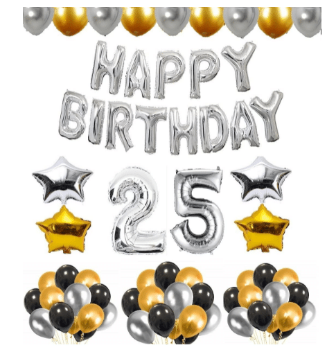     			Blooms Mall 1 set Happy Birthday foil  (Silver ) ), 2 pcs Golden   foil star + 2 pcs silver star foil,  30Pcs Metallic Balloons (Silver , Black ,  Golden),25 No. Foil Number Golden