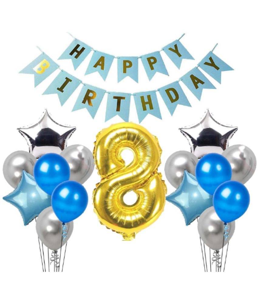     			Blooms Mall 1 set Happy Birthday Banner  ( Blue  Color),, 2 pcs Blue   foil star + 2 pcs silver   star foil, 50 Pcs Metallic Balloons (Blue & Silver )),7 No. Foil Number Golden