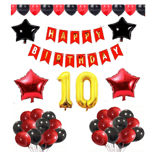     			Blooms Mall 1 set Happy Birthday Banner (Red Color), 2 pcs red foil star + 2 pcs Black  star foil, 50 Pcs Metallic Balloons (Red & BlacK ),12No. Foil Number Golden