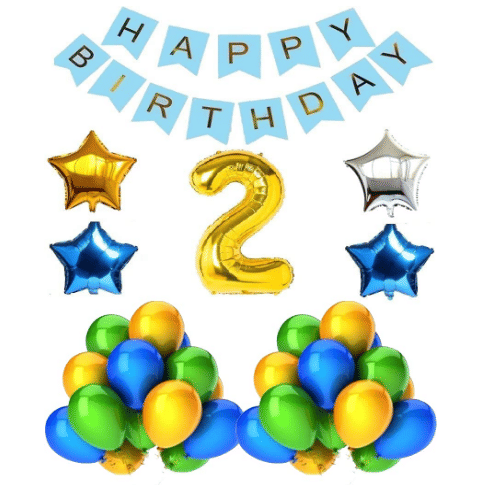     			Blooms Mall 1 set Happy Birthday Banner  ( Blue  Color),, 2 pcs Blue   foil star + 1 pcs Golden Foil star +1 pcs silver foil Balloon,30 Pcs Metallic Balloons (Blue & Golden + Green  )),5 No. Foil Number Golden