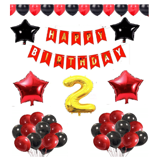     			Blooms Mall 1 set Happy Birthday Banner (Red Color), 2 pcs red foil star + 2 pcs Black  star foil, 50 Pcs Metallic Balloons (Red & BlacK ),3 No. Foil Number Golden