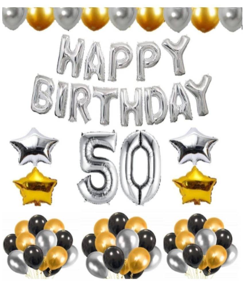     			Blooms Mall 1 set Happy Birthday foil  (Silver ) ), 2 pcs Golden   foil star + 2 pcs silver star foil,  30Pcs Metallic Balloons (Silver , Black ,  Golden),50 No. Foil Number Golden