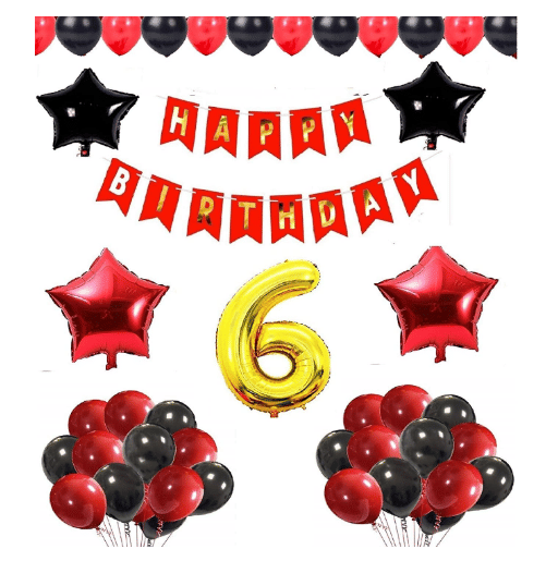     			Blooms Mall 1 set Happy Birthday Banner (Red Color), 2 pcs red foil star + 2 pcs Black  star foil, 50 Pcs Metallic Balloons (Red & BlacK ),5 No. Foil Number Golden