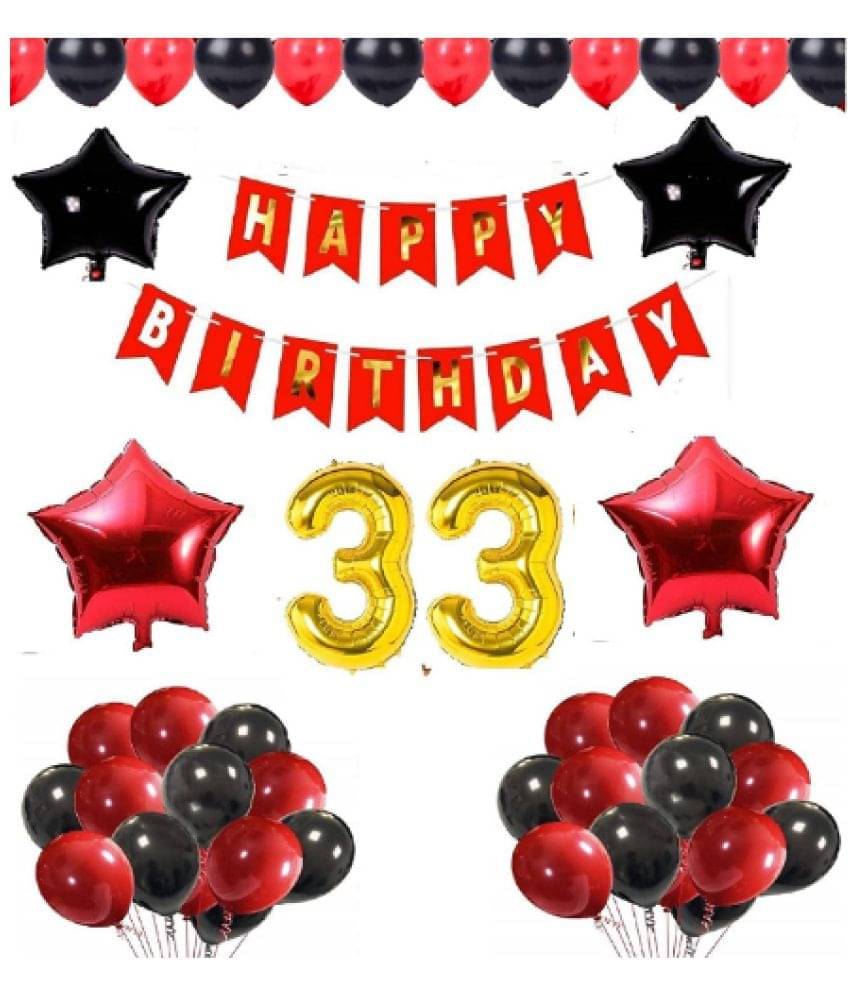     			Blooms Mall 1 set Happy Birthday Banner (Red Color), 2 pcs red foil star + 2 pcs Black  star foil, 50 Pcs Metallic Balloons (Red & BlacK ),33 No. Foil Number Golden