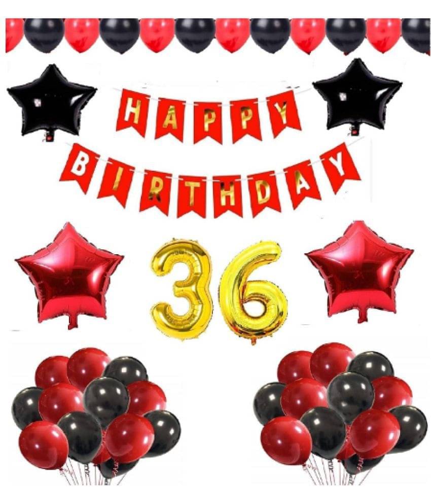     			Blooms Mall 1 set Happy Birthday Banner (Red Color), 2 pcs red foil star + 2 pcs Black  star foil, 50 Pcs Metallic Balloons (Red & BlacK ),36 No. Foil Number Golden