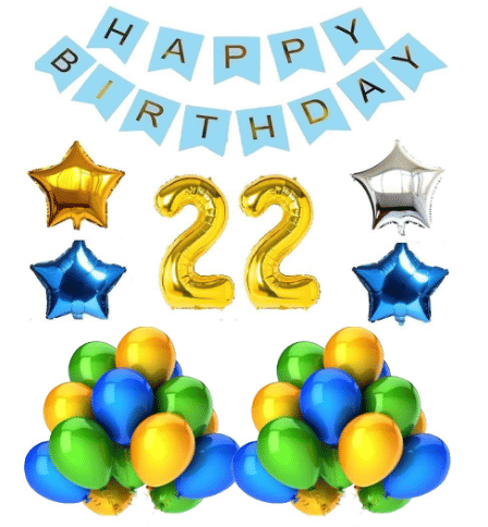     			Blooms Mall 1 set Happy Birthday Banner  ( Blue  Color),, 2 pcs Blue   foil star + 1 pcs Golden Foil star +1 pcs silver foil Balloon,30 Pcs Metallic Balloons (Blue & Golden + Green  )),22 No. Foil Number Golden