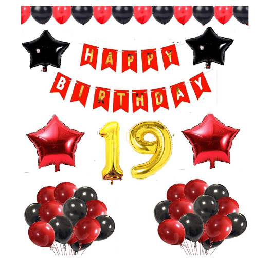     			Blooms Mall 1 set Happy Birthday Banner (Red Color), 2 pcs red foil star + 2 pcs Black  star foil, 50 Pcs Metallic Balloons (Red & BlacK ), 17 No. Foil Number Golden