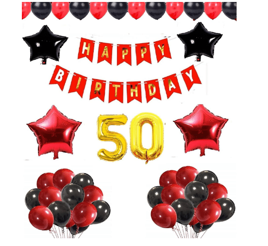     			Blooms Mall 1 set Happy Birthday Banner (Red Color), 2 pcs red foil star + 2 pcs Black  star foil, 50 Pcs Metallic Balloons (Red & BlacK ),50 No. Foil Number Golden