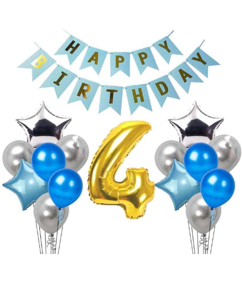     			Blooms Mall 1 set Happy Birthday Banner  ( Blue  Color),, 2 pcs Blue   foil star + 2 pcs silver   star foil, 50 Pcs Metallic Balloons (Blue & Silver )),4 No. Foil Number Golden