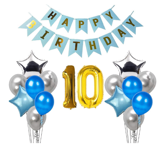     			Blooms Mall 1 set Happy Birthday Banner  ( Blue  Color),, 2 pcs Blue   foil star + 2 pcs silver   star foil, 50 Pcs Metallic Balloons (Blue & Silver )),10 No. Foil Number Golden