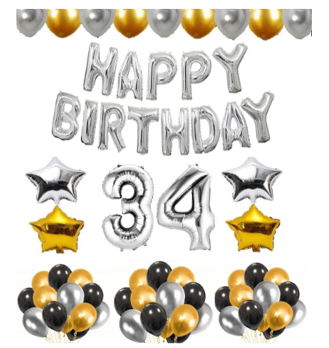     			Blooms Mall 1 set Happy Birthday foil  (Silver ) ), 2 pcs Golden   foil star + 2 pcs silver star foil,  30Pcs Metallic Balloons (Silver , Black ,  Golden),36 No. Foil Number Golden