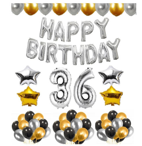     			Blooms Mall 1 set Happy Birthday foil  (Silver ) ), 2 pcs Golden   foil star + 2 pcs silver star foil,  30Pcs Metallic Balloons (Silver , Black ,  Golden),36 No. Foil Number Golden
