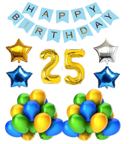     			Blooms Mall 1 set Happy Birthday Banner  ( Blue  Color),, 2 pcs Blue   foil star + 1 pcs Golden Foil star +1 pcs silver foil Balloon,30 Pcs Metallic Balloons (Blue & Golden + Green  )),26  special  No. Foil Number Golden