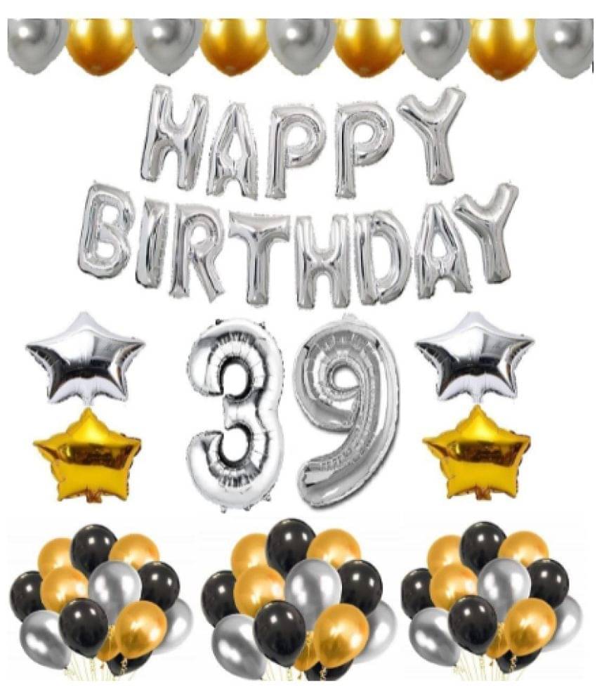     			Blooms Mall 1 set Happy Birthday foil  (Silver ) ), 2 pcs Golden   foil star + 2 pcs silver star foil,  30Pcs Metallic Balloons (Silver , Black ,  Golden),39 No. Foil Number Golden
