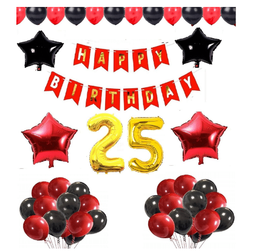     			Blooms Mall 1 set Happy Birthday Banner (Red Color), 2 pcs red foil star + 2 pcs Black  star foil, 50 Pcs Metallic Balloons (Red & BlacK ),25 No. Foil Number Golden