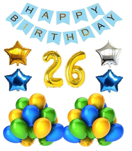     			Blooms Mall 1 set Happy Birthday Banner  ( Blue  Color),, 2 pcs Blue   foil star + 1 pcs Golden Foil star +1 pcs silver foil Balloon,30 Pcs Metallic Balloons (Blue & Golden + Green  )),26  special  No. Foil Number Golden