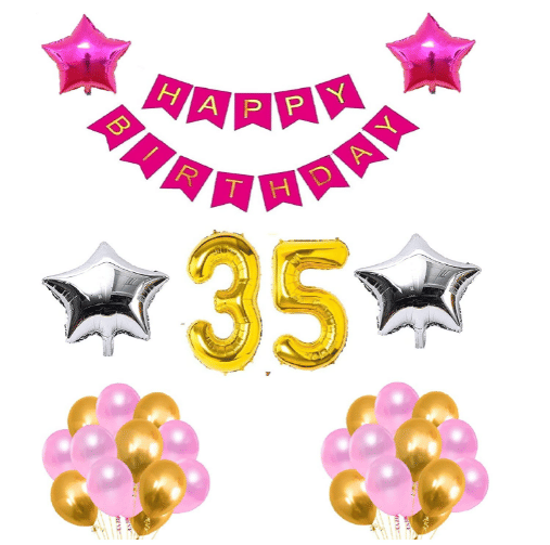     			Blooms Mall1 set Happy Birthday Banner  ( Pink  Color),, 2 pcs Pink foil star + 2 pcs silver foil star ,30 Pcs Metallic Balloons ( Golden + Pink   )),  35 No. Foil Number Golden