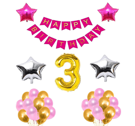     			Blooms Mall1 set Happy Birthday Banner  ( Pink  Color),, 2 pcs Pink foil star + 2 pcs silver foil star ,30 Pcs Metallic Balloons ( Golden + Pink   )),3 No. Foil Number Golden