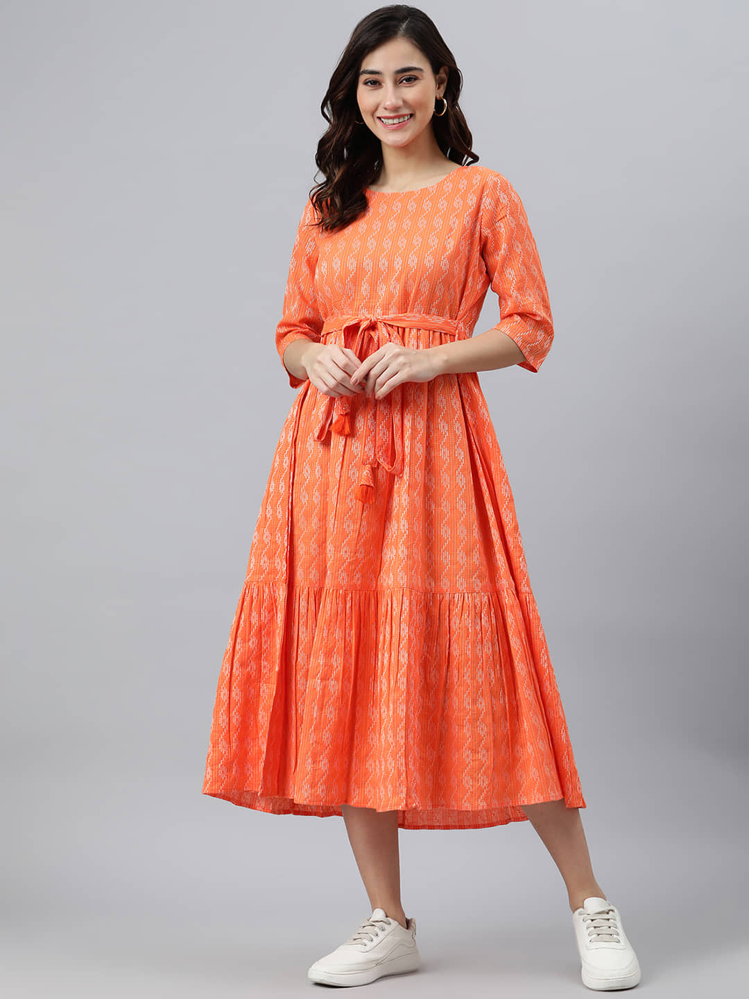Janasya Women Cotton Printed Fit & Flare Dress ( Orange )