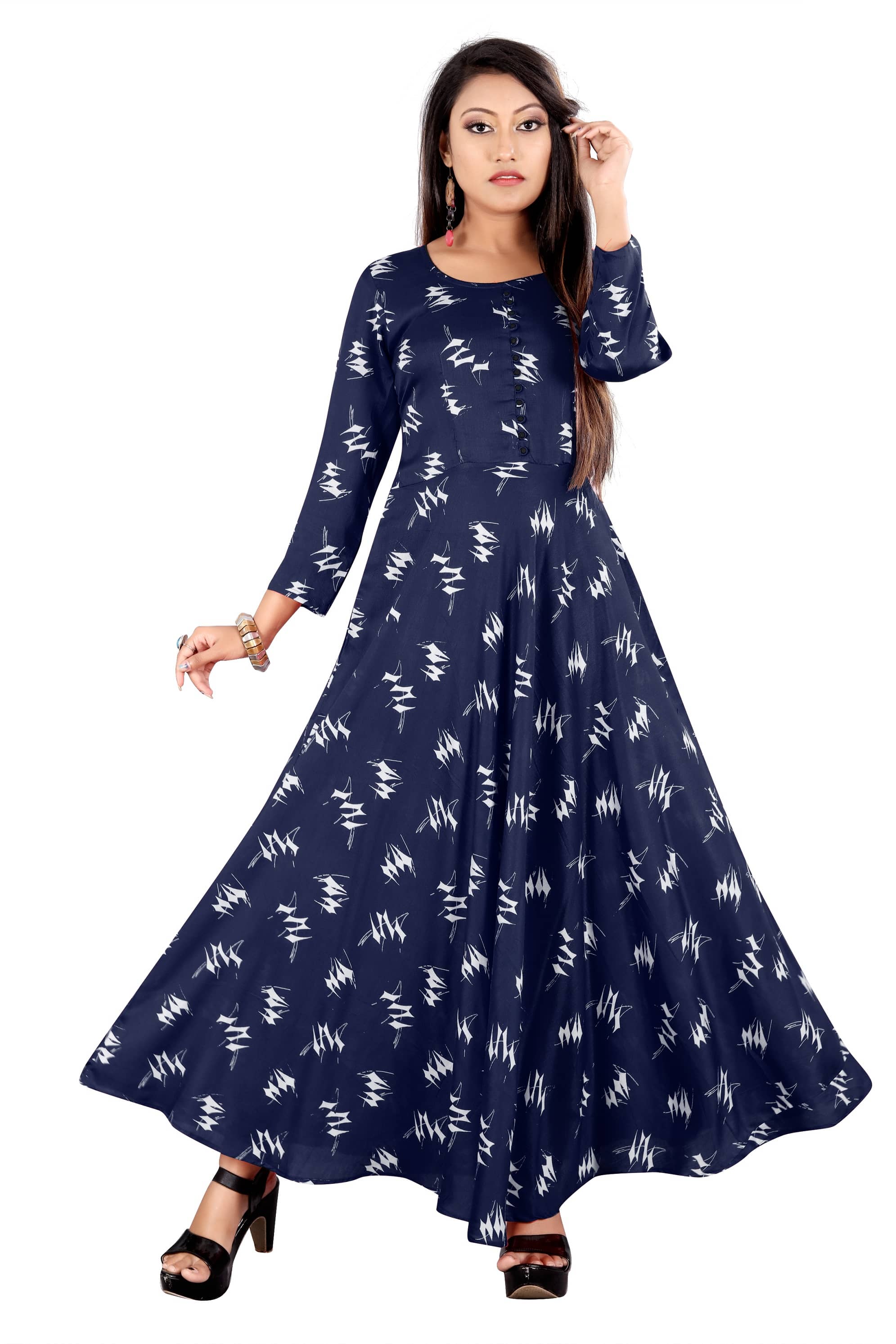 MEESORRA - Navy Rayon Women's Flared Kurti ( Pack of 1 ) - Kurtis, Tunics | Buy online on ZillyBuy