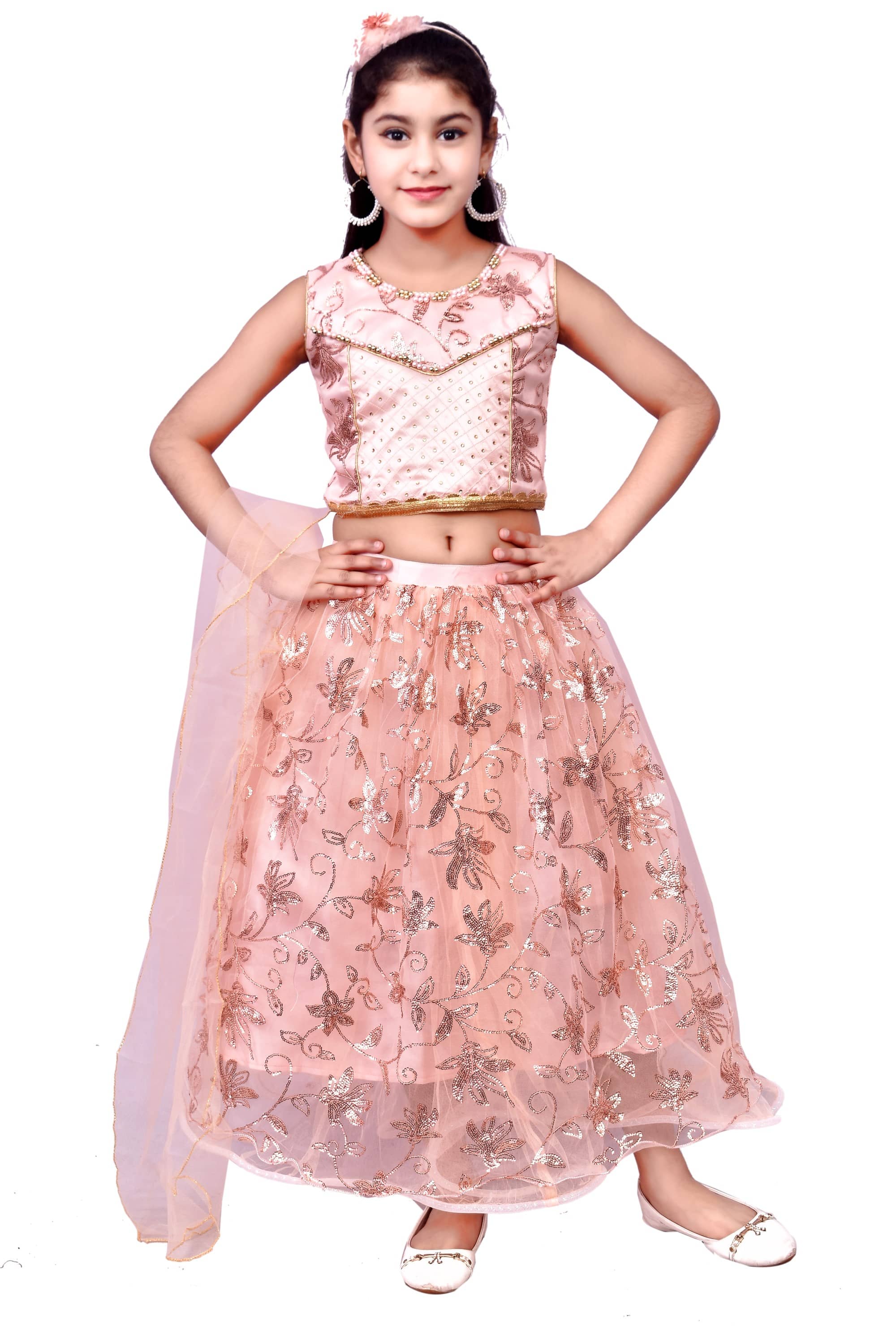 Arshia Fashions Net Lehenga Choli Set For Girls ( Pack of 1 , Peach )