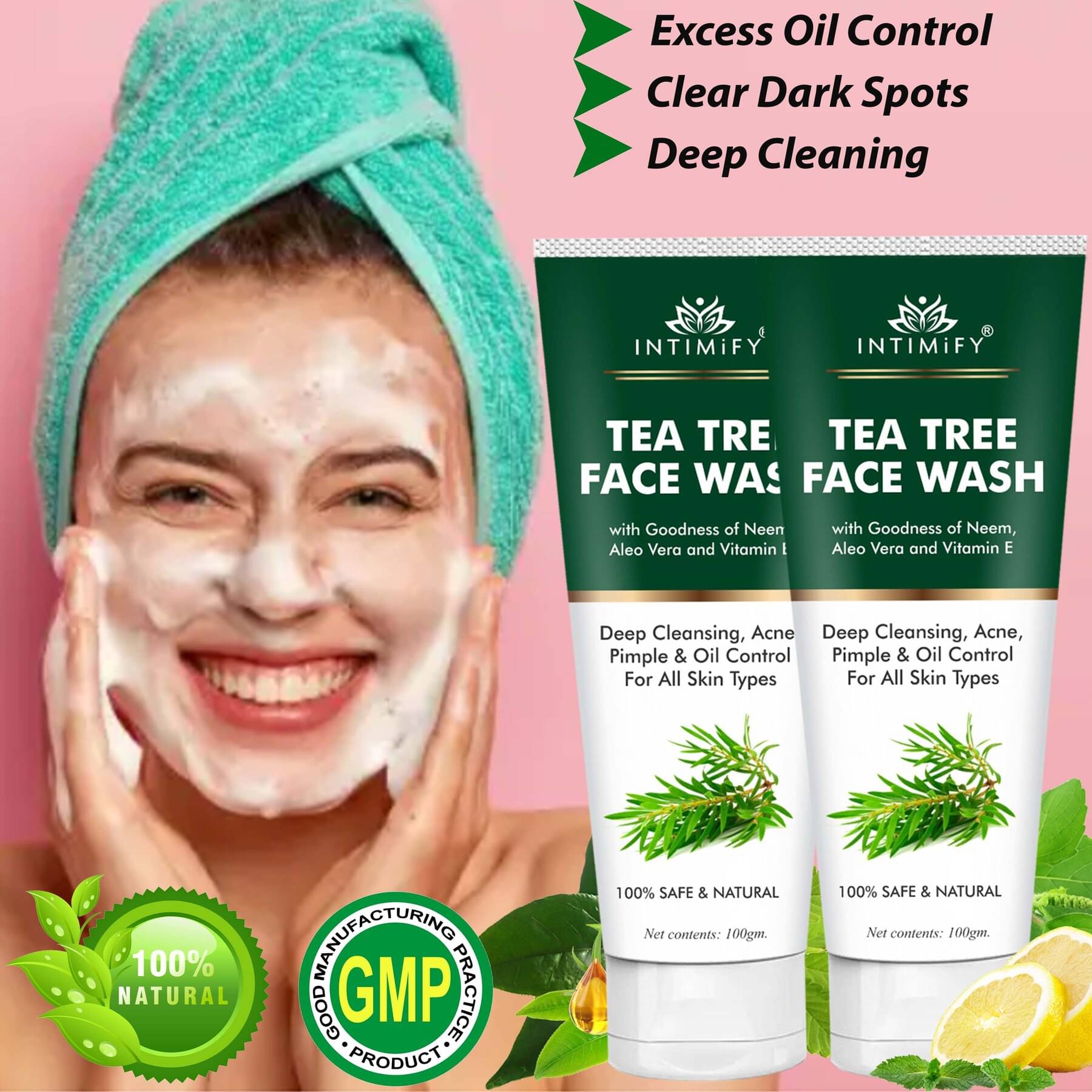     			Intimify Tea Tree Face Wash for Dark Spots, Excess Oil Control & Deep Cleaning Face Wash 100 mL Pack of 2