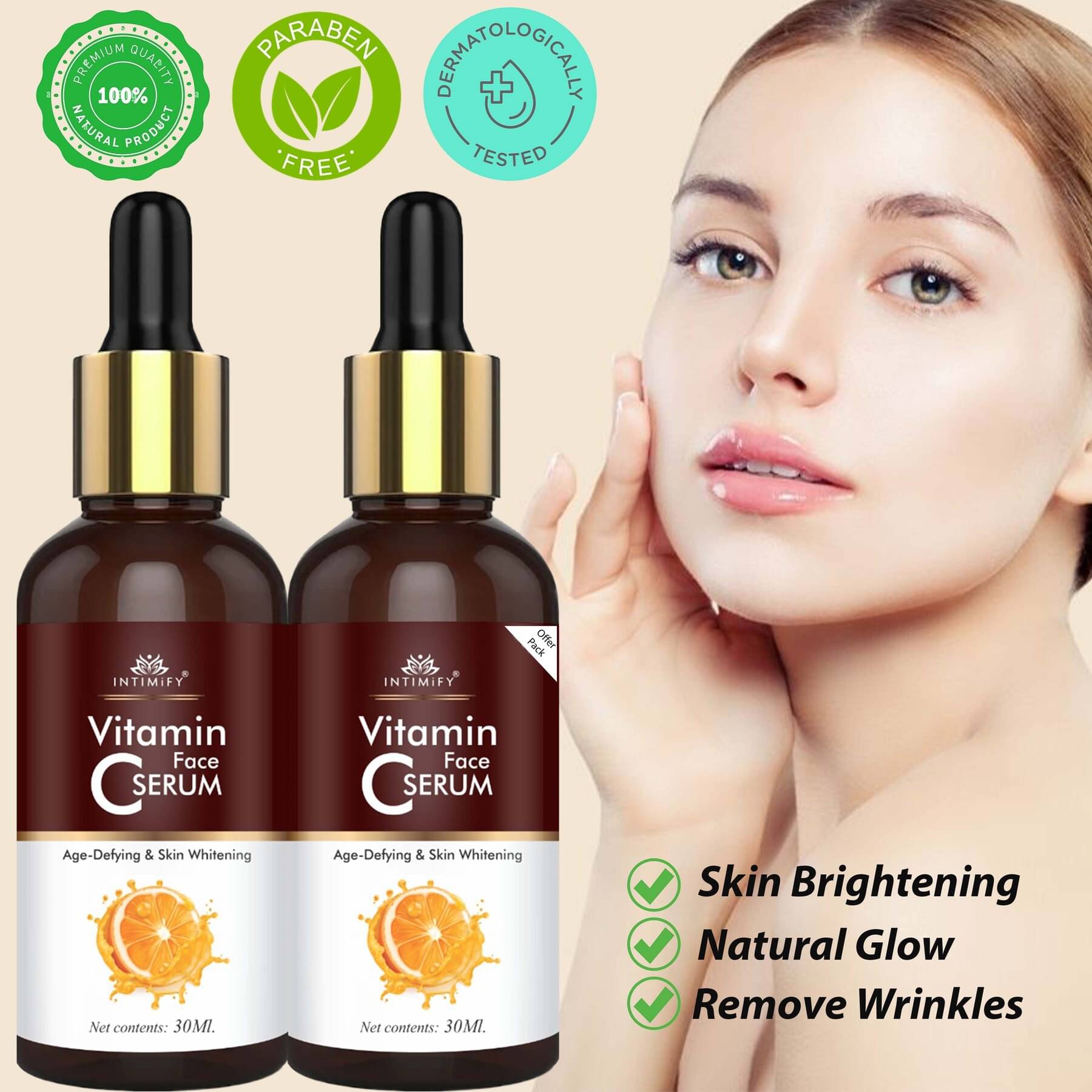 Intimify Vitamin C Face Serum for Skin Whitening, Wrinkles, Skin Brightening, Reduce Dark Spots & Pigmentation Face Serum 30 mL Pack of 2 Intimify Vitamin C Face Serum for Skin Whitening, Wrinkles, Skin Brightening, Reduce Dark Spots & Pigmentation Face Serum 30 mL Pack of 2