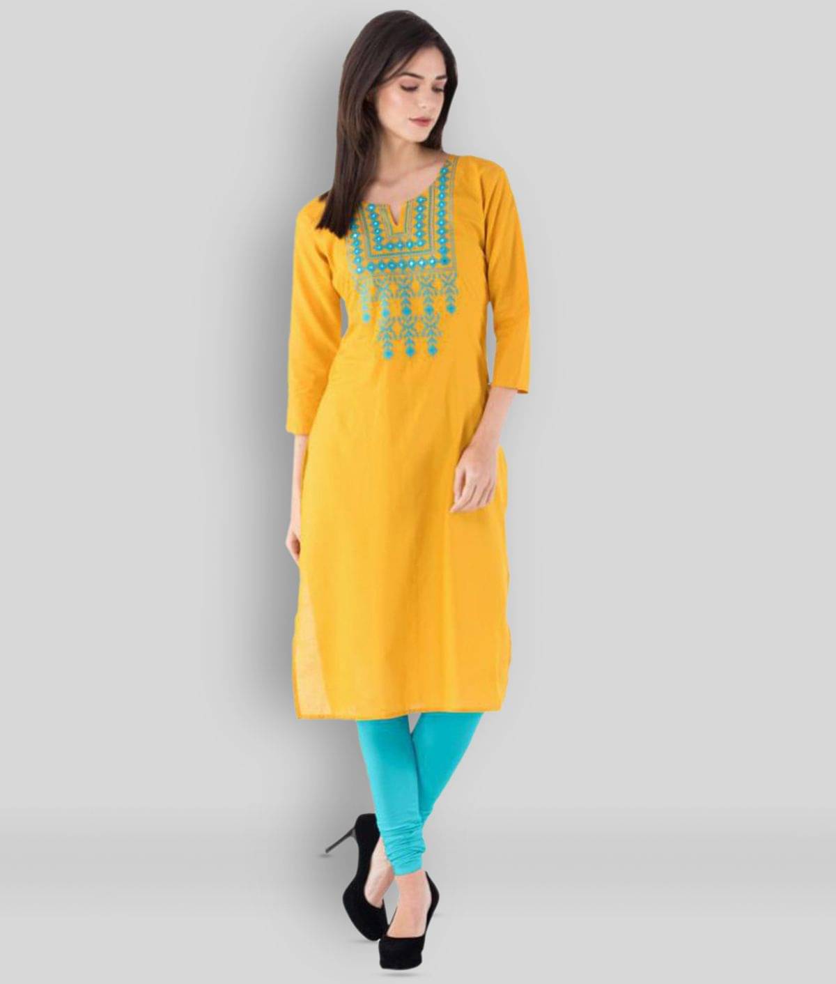 KSHARAA - Yellow Cotton Women's Straight Kurti ( Pack of 1 ) KSHARAA - Yellow Cotton Women's Straight Kurti ( Pack of 1 )