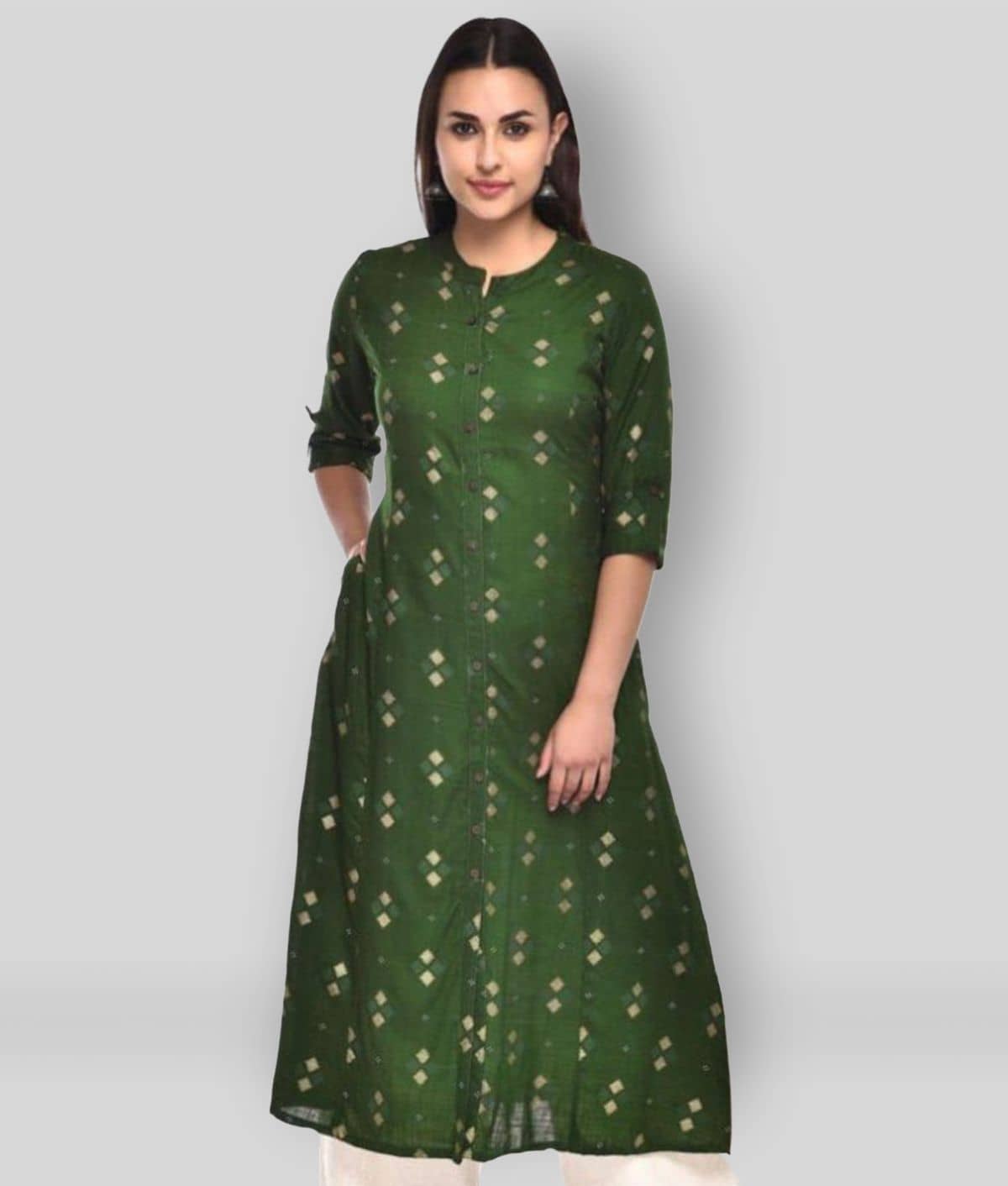 Pistaa - Green Cotton Women's Front Slit Kurti ( Pack of 1 ) - Kurtis, Tunics | Buy online on ZillyBuy