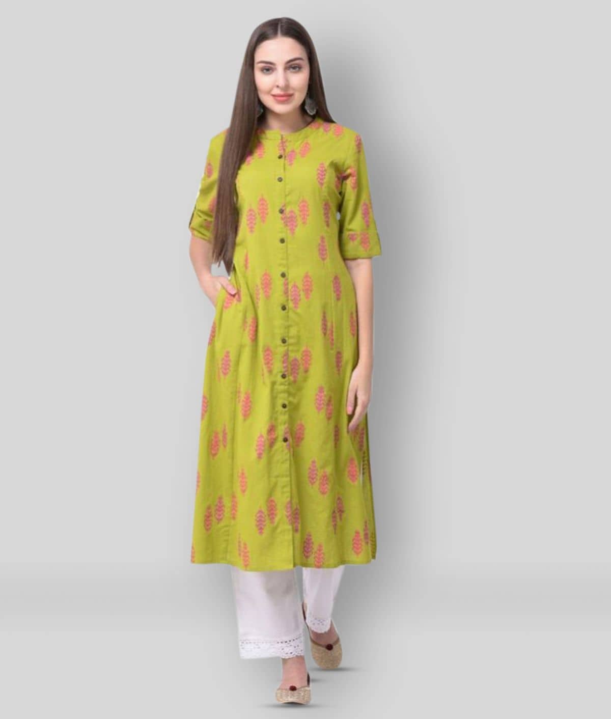 Pistaa - Green Cotton Women's Front Slit Kurti ( Pack of 1 ) - Kurtis, Tunics | Buy online on ZillyBuy