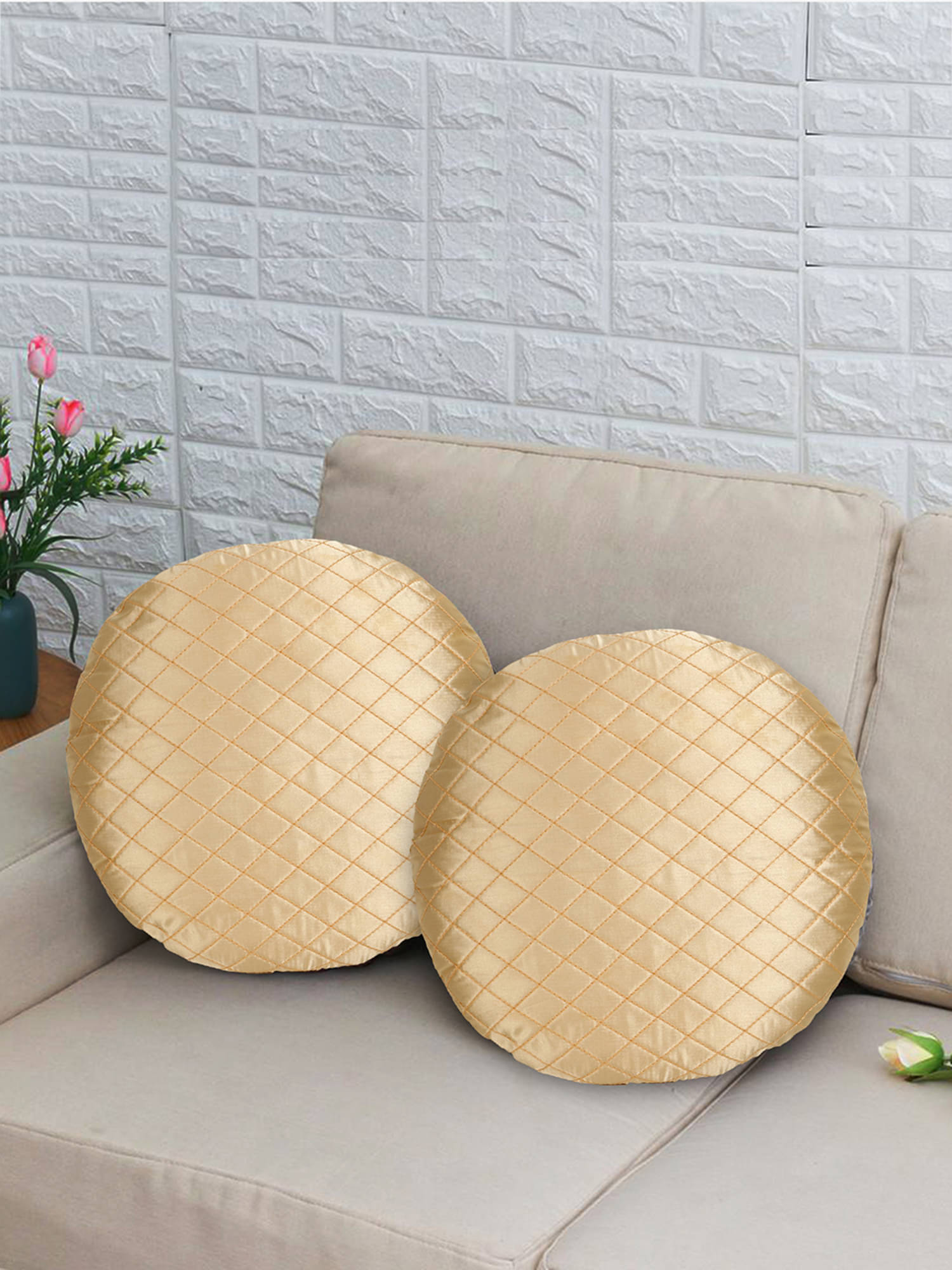     			mezposh - Beige Set of 2 Satin Round Cushion Cover