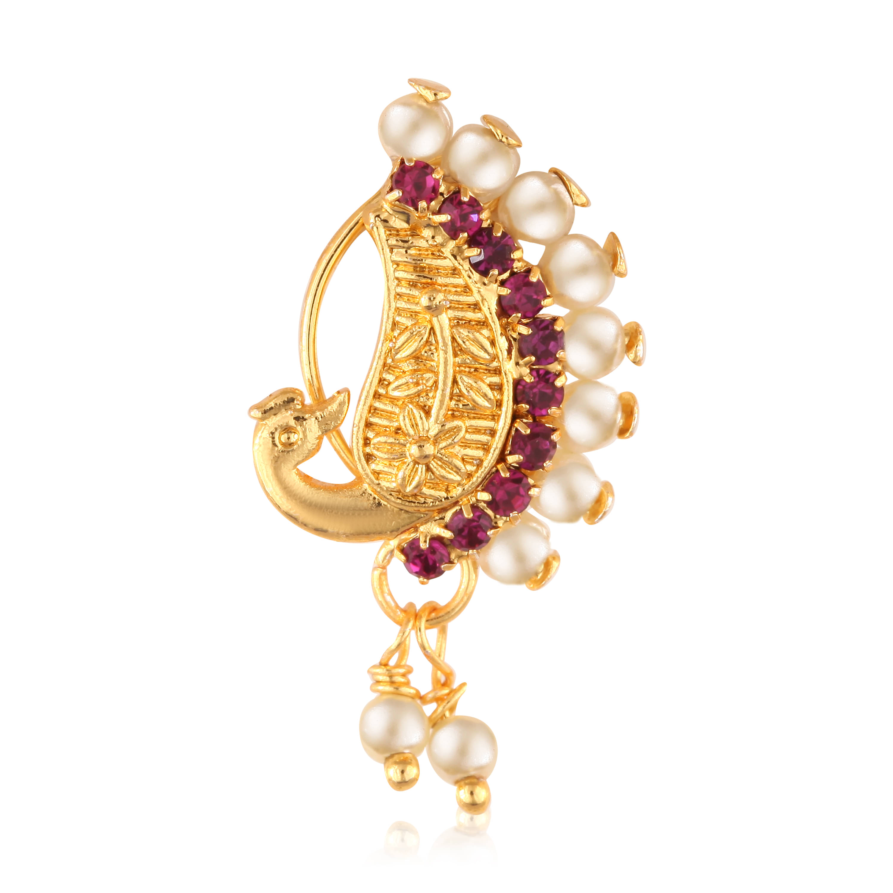     			Vighnaharta Gold Plated with Peals Alloy and CZ stone Non Piercing Maharashtrian Nath Nathiya./ Nose Pin for women  [VFJ1085NTH-Press-Red ]