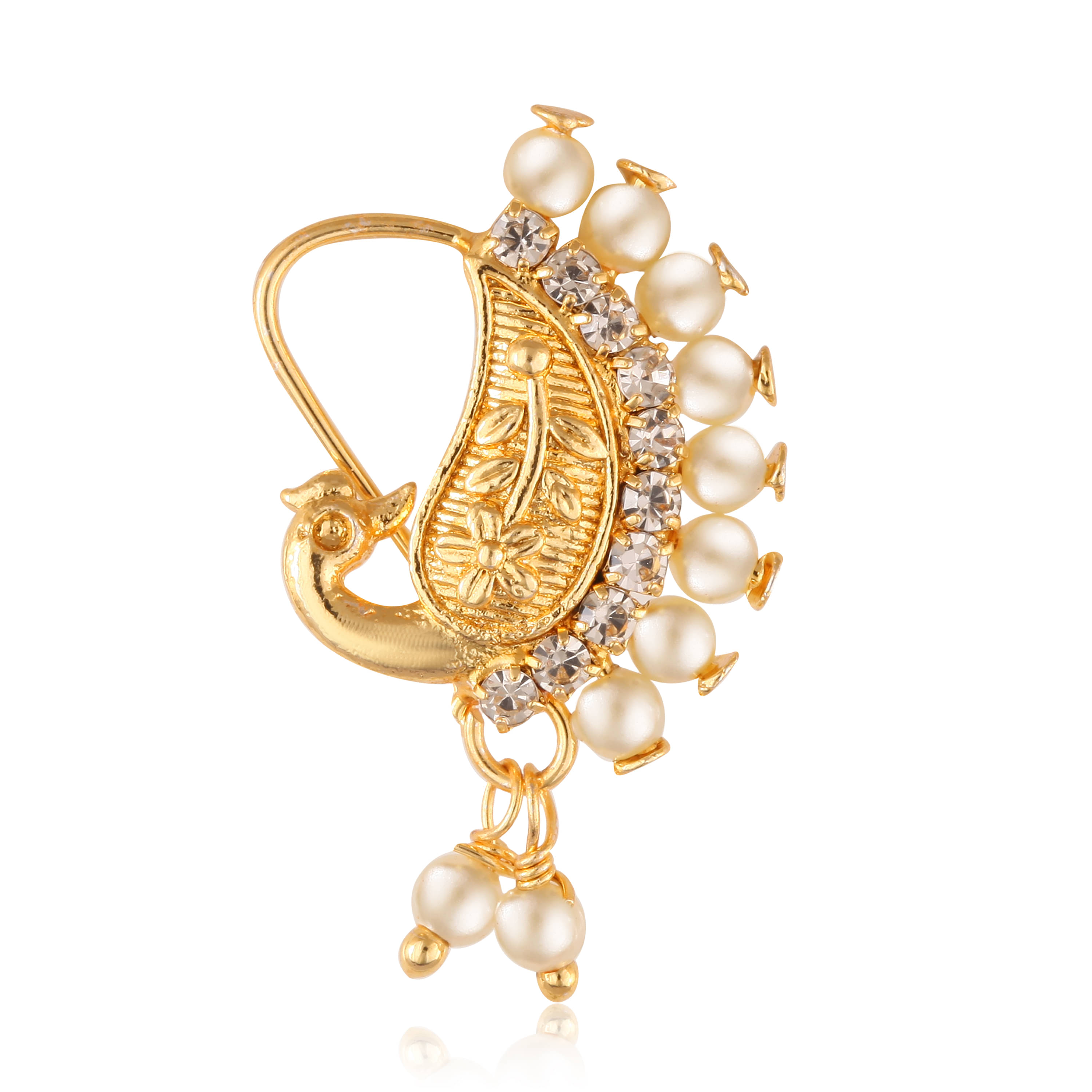     			Vighnaharta Gold Plated with Peals Alloy and CZ stone Piercing Maharashtrian Nath Nathiya./ Nose Pin for women  [VFJ1085NTH-TAR-White ]