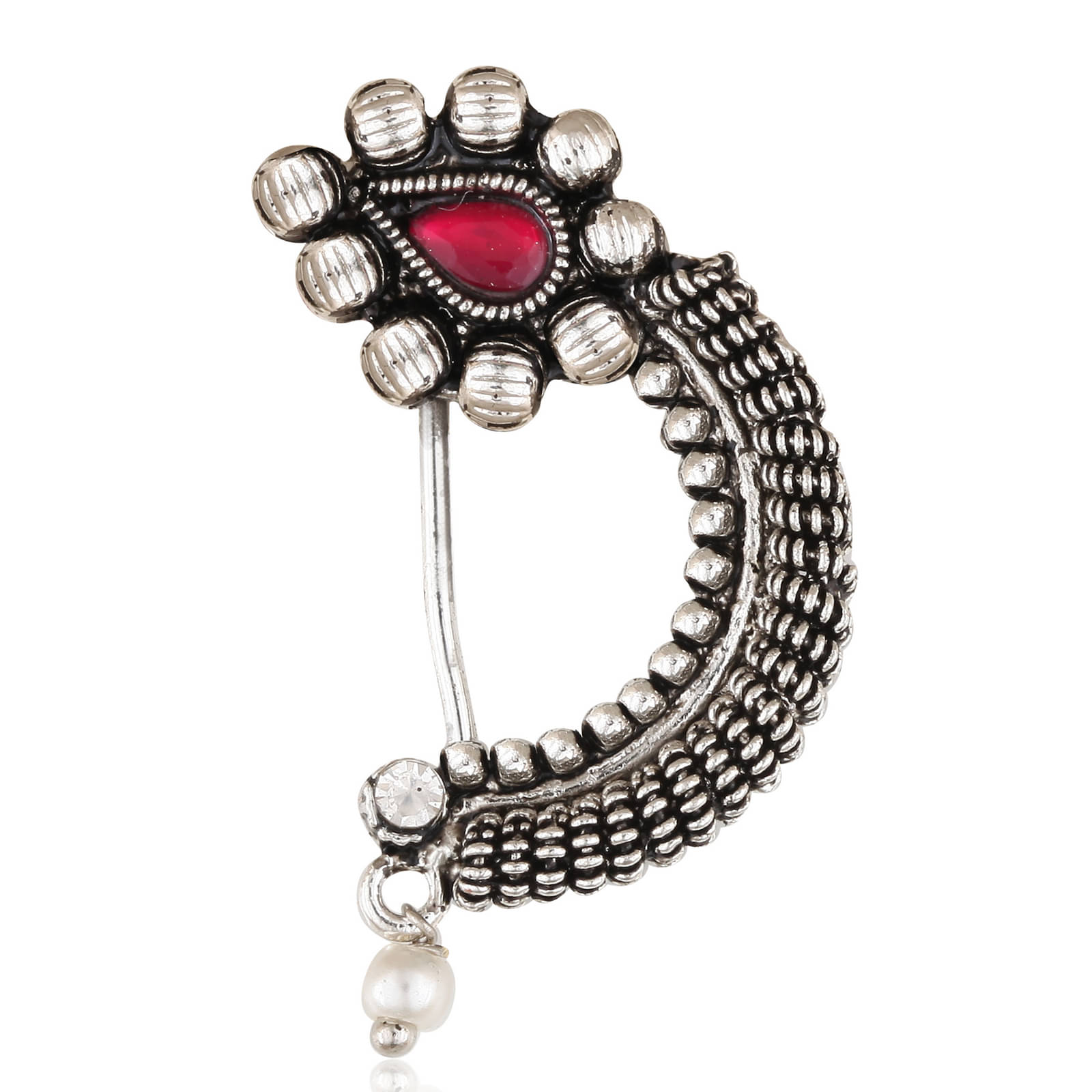     			Vighnaharta Silver Plated with Peals Alloy and CZ stone Non Piercing Maharashtrian Nath Nathiya./ Nose Pin for women  [VFJ1074NTH-Press ]